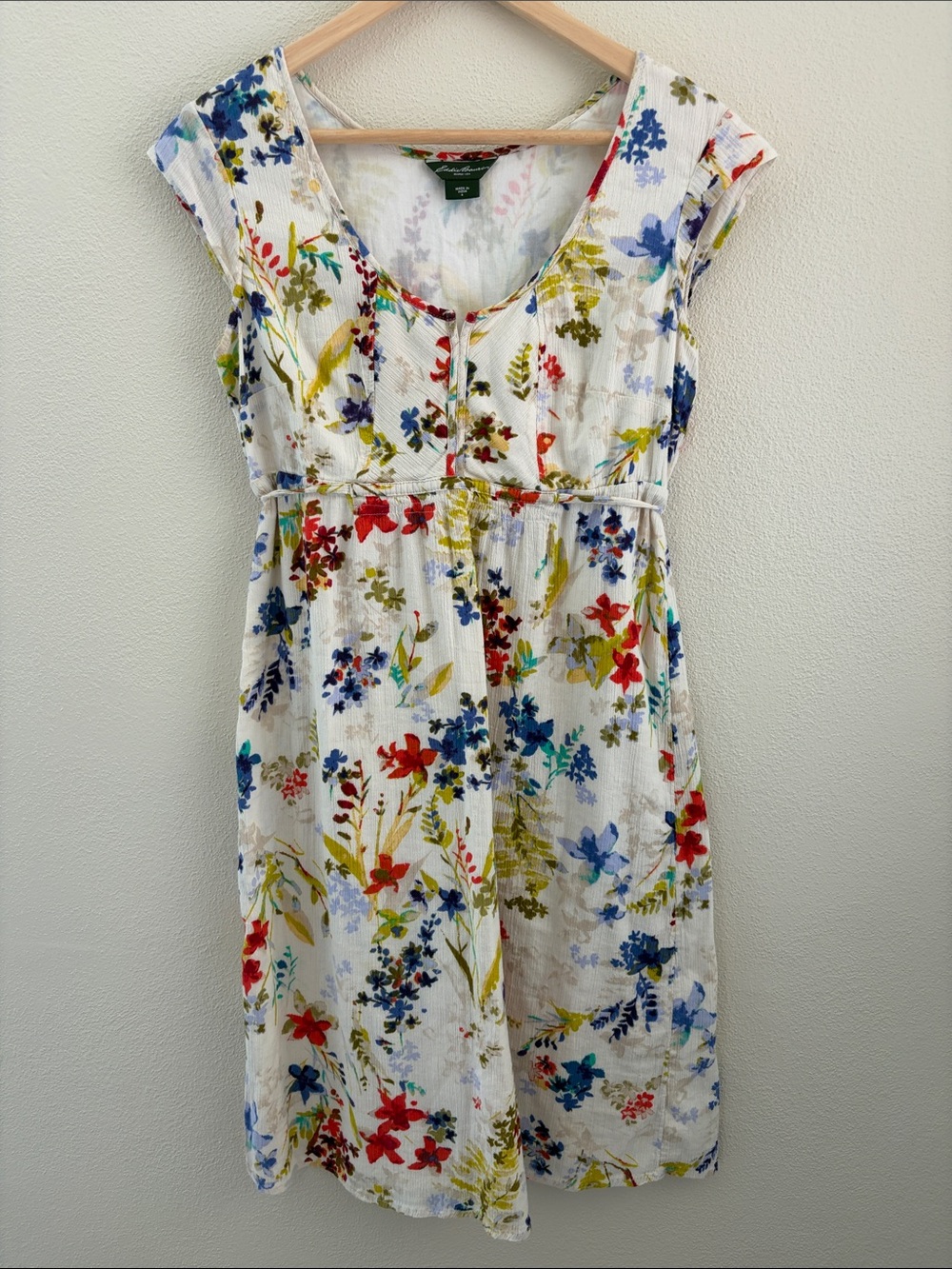 Eddie Bauer cotton floral print dress | cream, red, blue, yellow | size 6